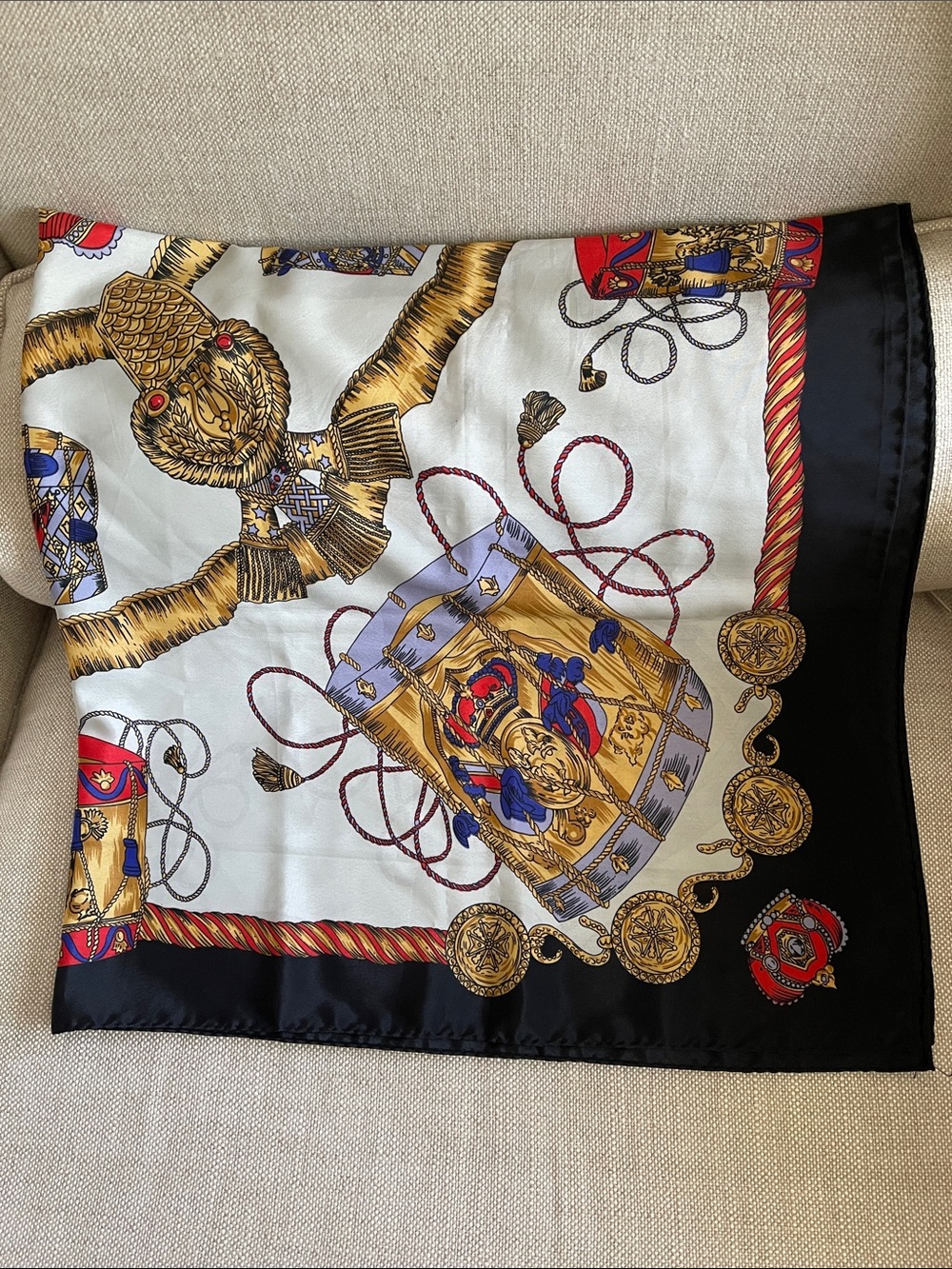 Luxury light blue Silk-Feel Scarf Wrap with Gold and Red Crest Print vintage